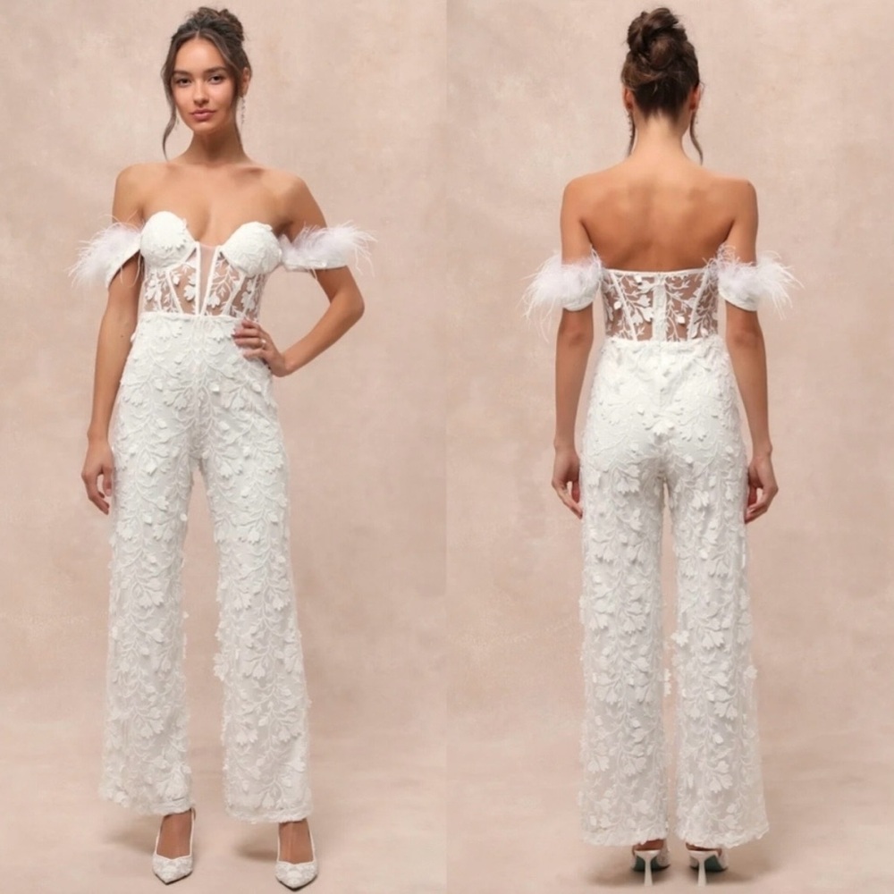Midnight Sparkle White Mesh Embroidered Feather Bustier Jumpsuit
